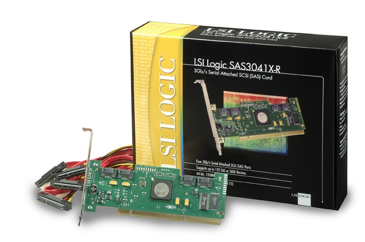 LSI00033-F LSI SAS 3041X-R 4-Port (4x 7-pin) PCI-X  3Gb/s SAS HBA. RAID0,1,1E &10E. Kit with cable