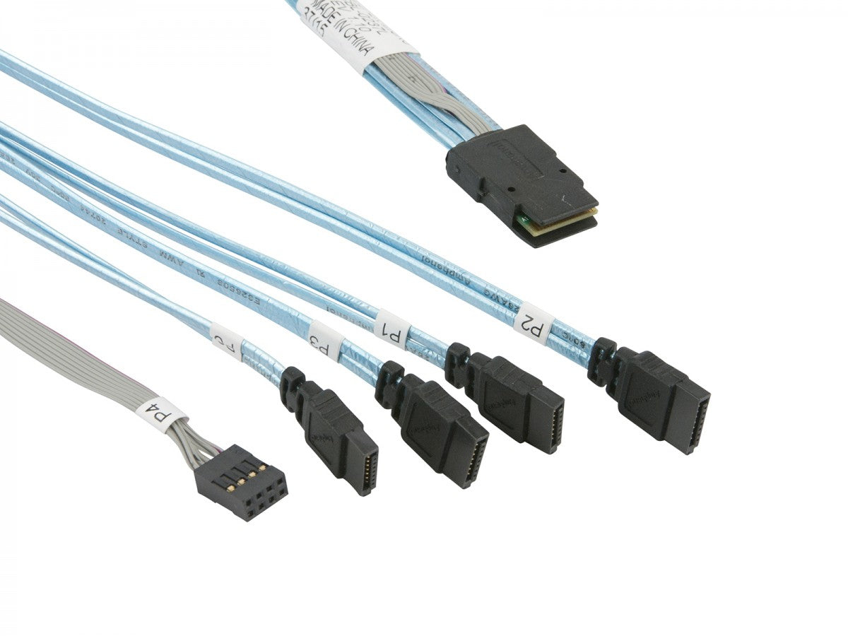 Supermicro CBL-0188L MiniSAS to (4) 7-pin SATA Split Cable with sideband. Used.