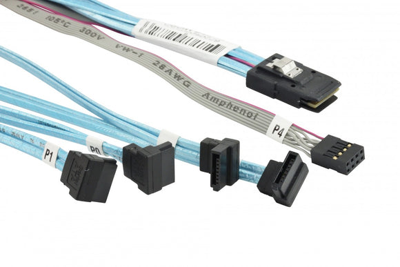 Supermicro CBL-0288L MiniSAS to (4) SATA Split Cable. Right Angle SATA connectors. Used.